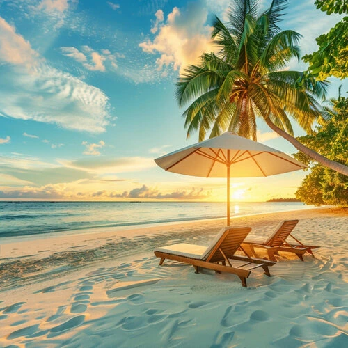 Beautiful tropical beach view with palm tree sunbeds and umbrella Sri Lanka